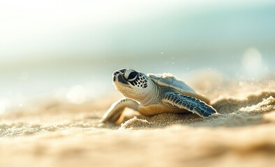 Obraz premium A close-up shot of an adorable little baby turtle on the sandy beach