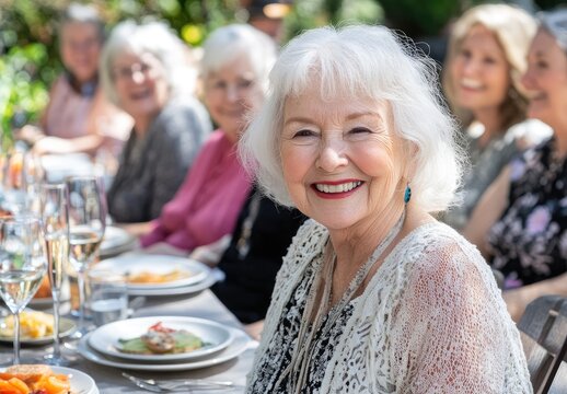 A group of happy senior friends is sitting at an outdoor dining table, enjoying their time together during the summer season