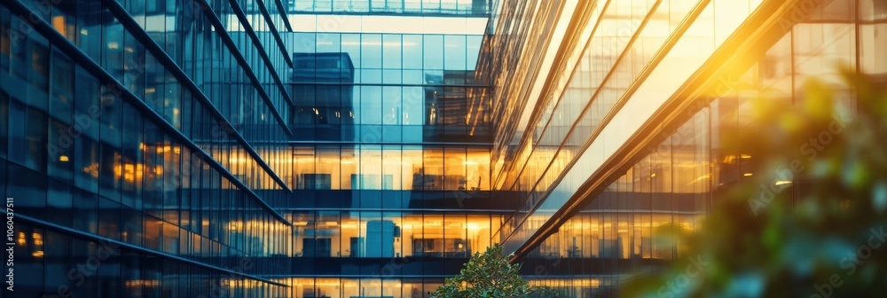 Poster a contemporary office building features extensive glass windows and several surveillance cameras, hi