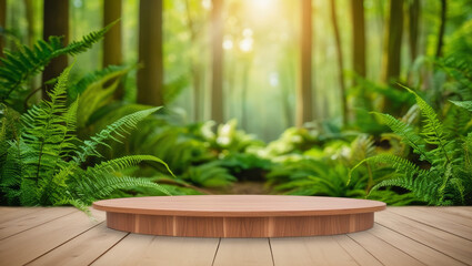 wooden deck table with forest background for product display