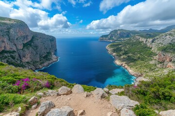 Fototapeta premium Cala figuera at cap formentor - beautiful coast and beach of Mallorca, Spain. Beautiful simple AI generated image