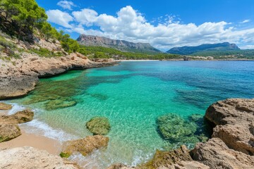 Obraz premium Aerial - calm turquoise water lagoon near ancient cave system, Mallorca. Beautiful simple AI generated image