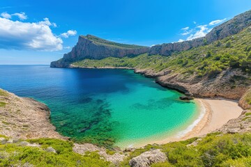 Obraz premium Cala figuera at cap formentor - beautiful coast and beach of Mallorca, Spain. Beautiful simple AI generated image