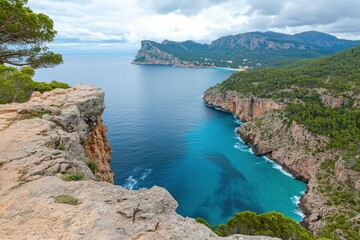 Fototapeta premium Secret beach - wild coast of Mallorca, Spain, Balearic Islands. Artistic sunrise and dusk landascape.. Beautiful simple AI generated image