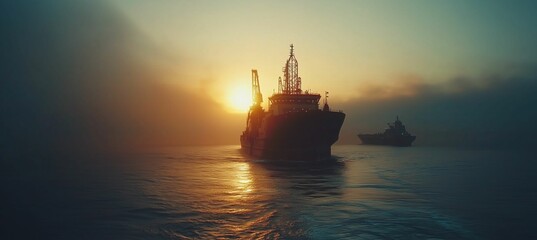 Offshore Ship at Sunrise in Misty Waters
A silhouette of an offshore ship sailing through misty waters during a serene sunrise.