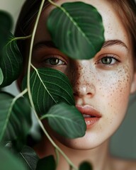 A woman with green eyes and a green leaf covering her face