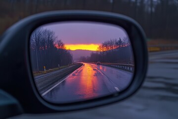 Colorful sunset sky in a rear-view mirror at night. Beautiful simple AI generated image