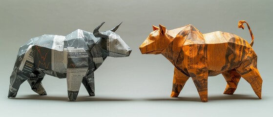 Paper origami figures of a gray bear and an orange bull facing each other, symbolizing the stock market’s ups and downs