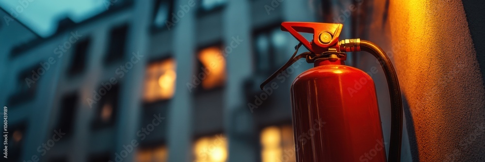 Poster the bright fire extinguisher is positioned in focus against a blurred building backdrop, hinting at 