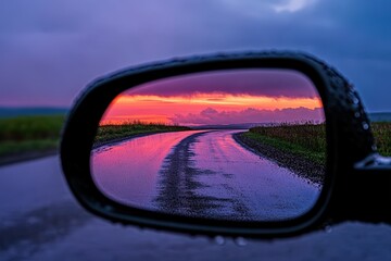 Looking In Rear View Mirror. Reflection of Twilight Sky and Sunset on Two-lane Winding Road. Beautiful simple AI generated image