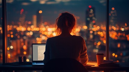 Woman Working at Laptop in Cozy Office Overlooking Vibrant City Lights at Dusk