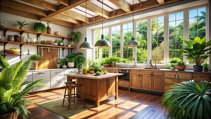 Fototapeta premium Bright and Airy Tropical Kitchen with Natural Wood and Sunlight