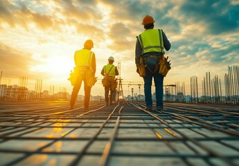 Construction Workers Walking on Steel Framework at Sunrise on Job Site