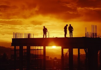 Silhouettes of Workers on Building Structure Against Fiery Sunset Sky