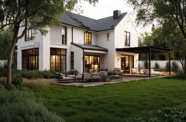 A white, modern farmhouse-style home with a large front yard and patio area