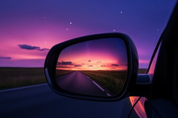 Obraz premium A rocky mountain peak in the side-view mirror of a car; the view behind a vehicle in a mountainous area, covered in snow.. Beautiful simple AI generated image