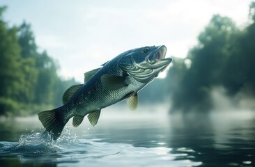 Obraz premium A large-mouth bass jumping out of the water, with a background of a lake and forest.