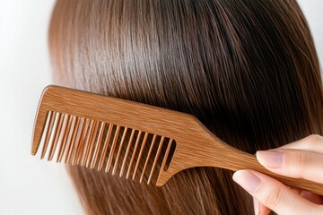 Obraz premium Woman using a wooden comb to brush her hair, isolated on a white background