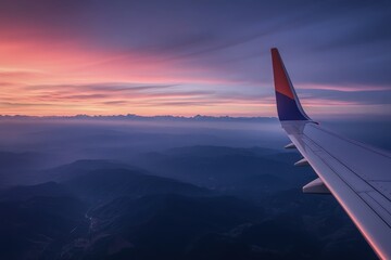Looking In Rear View Mirror. Reflection of Twilight Sky and Sunset on Two-lane Winding Road. Beautiful simple AI generated image