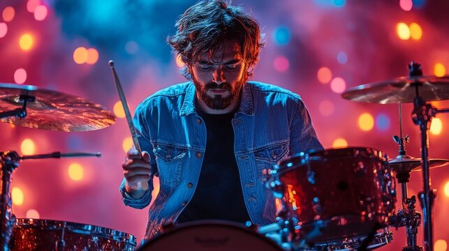 Drummer Performing Under Stage Lights