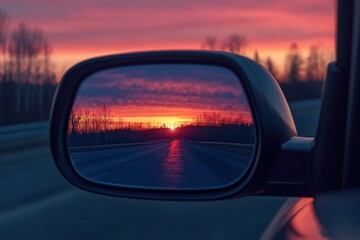 Fototapeta premium Looking In Rear View Mirror. Reflection of Twilight Sky and Sunset on Two-lane Winding Road. Beautiful simple AI generated image