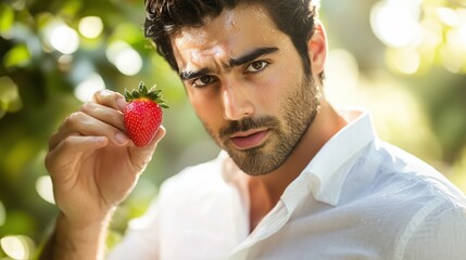 A Handsome Young Man Holding a Freshly Picked Strawberry Surrounded by Beautiful Lush Greenery