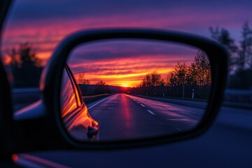 A rocky mountain peak in the side-view mirror of a car; the view behind a vehicle in a mountainous area, covered in snow.. Beautiful simple AI generated image