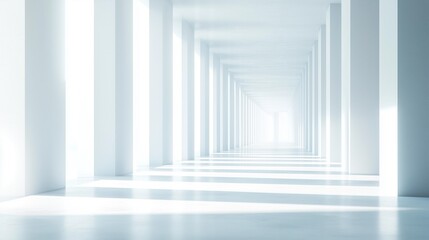 Abstract Futuristic White Room Featuring a Corridor and Light Beams, Representing an Innovative Technology Concept