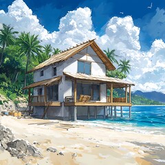 Tropical Beach House on Stilts with Palm Trees and Blue Sky.