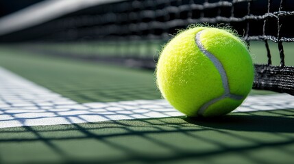 Tennis Ball on Court with Net in Background