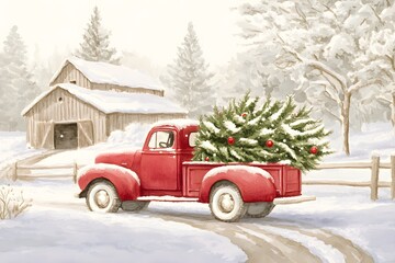 Vintage Truck with Christmas Tree in Winter Landscape