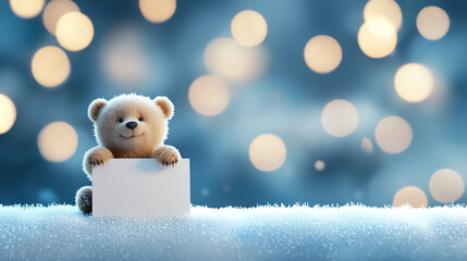 Fototapeta premium Tiny bear cub with white board, snowy setting, 3D illustration
