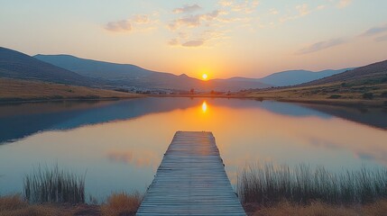 Wooden dock leading to a calm lake reflecting a beautiful sunset over the mountain range.