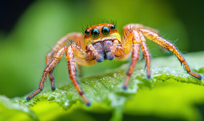 Fototapeta premium curious jumping spider with vibrant green eyes and orange body on green leaf