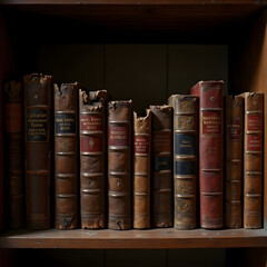 Naklejka premium Antique leather-bound books on wooden shelf in vintage library setting