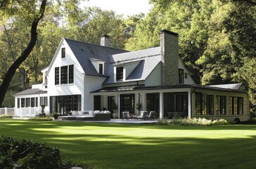 A large, white modern two-story farmhouse with a black roof and dark grey accents