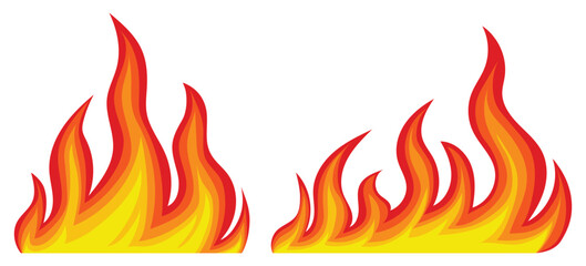 Fire flame silhouette vector illustration. Flame icons collection. Flames symbols set flat style. Red and orange fire flame. Fireball design element. Bonfire logotype or pictogram set. Flame isolated 