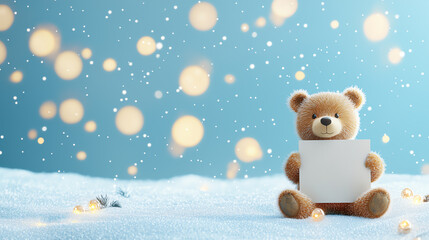 Fototapeta premium Baby bear with blank white board, festive winter decor, 3D illustration