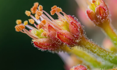 Fototapeta premium Close up of delicate red flower buds with orange pollen