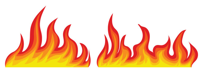 Fire flame silhouette vector illustration. Flame icons collection. Flames symbols set flat style. Red and orange fire flame. Fireball design element. Bonfire logotype or pictogram set. Flame isolated  © Md