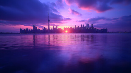 Obraz premium Cityscape Silhouette with Sunset Reflection - Photo