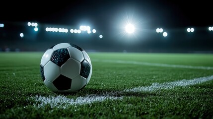 Soccer Ball on a Football Field at Night