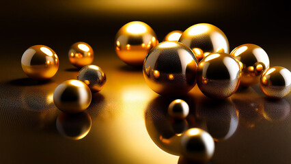 Golden spheres of different sizes on a golden surface with a dark background.