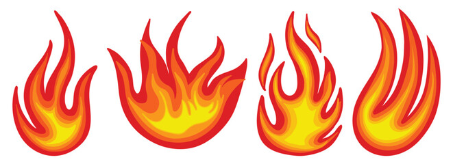 Set of fire icon collection. Fire flame symbol. Red and orange fire flame. Animated form fireball and red hot bonfire silhouette logotype. Heat wildfire and campfire isolated vector flat illustration  © Md