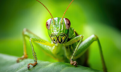 Fototapeta premium Close up macro photo of green grasshopper with red eyes