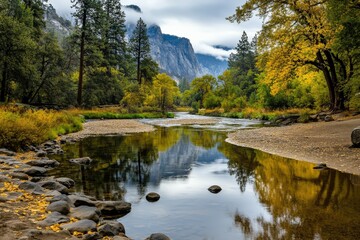 Obraz premium View from the snow-covered valley floow in Yosemite national park during golden hour, just before sunset.. Beautiful simple AI generated image