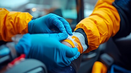 Medical professional administers first aid treatment on injured patient's arm while ensuring proper care and comfort in emergency situation