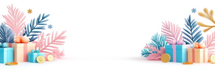 A vibrant Christmas setting with pink, blue, and gold presents, adorned with paper floral decorations and coins, on a white background.