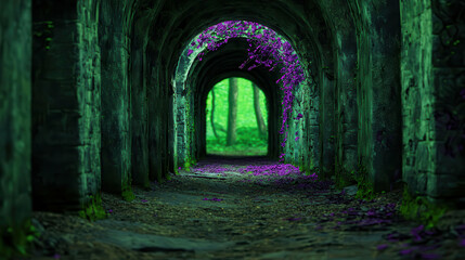 Fototapeta premium Enchanted Passage: A mysterious, moss-covered stone archway, draped in vibrant purple blooms, leads to a hidden forest, inviting exploration and sparking the imagination. 
