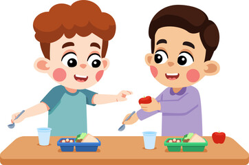 Kid Helping Friend Sharing His Food
